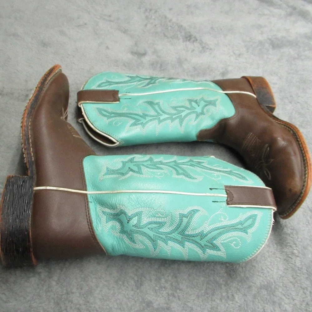 Justin Cowboy Boot Youth 1D Square Toe Brown Turquoise Western Embroidery Riding